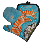Load image into Gallery viewer, Cat artwork potholder & oven mitt set (2 pieces) - cat & crane