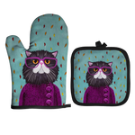 Load image into Gallery viewer, Cat artwork potholder & oven mitt set (2 pieces) - cat with purple glasses