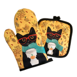 Load image into Gallery viewer, Cat artwork potholder & oven mitt set (2 pieces) - cat with red glasses