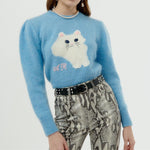 Load image into Gallery viewer, Kawaii cat blue knitted puff-sleeved sweater