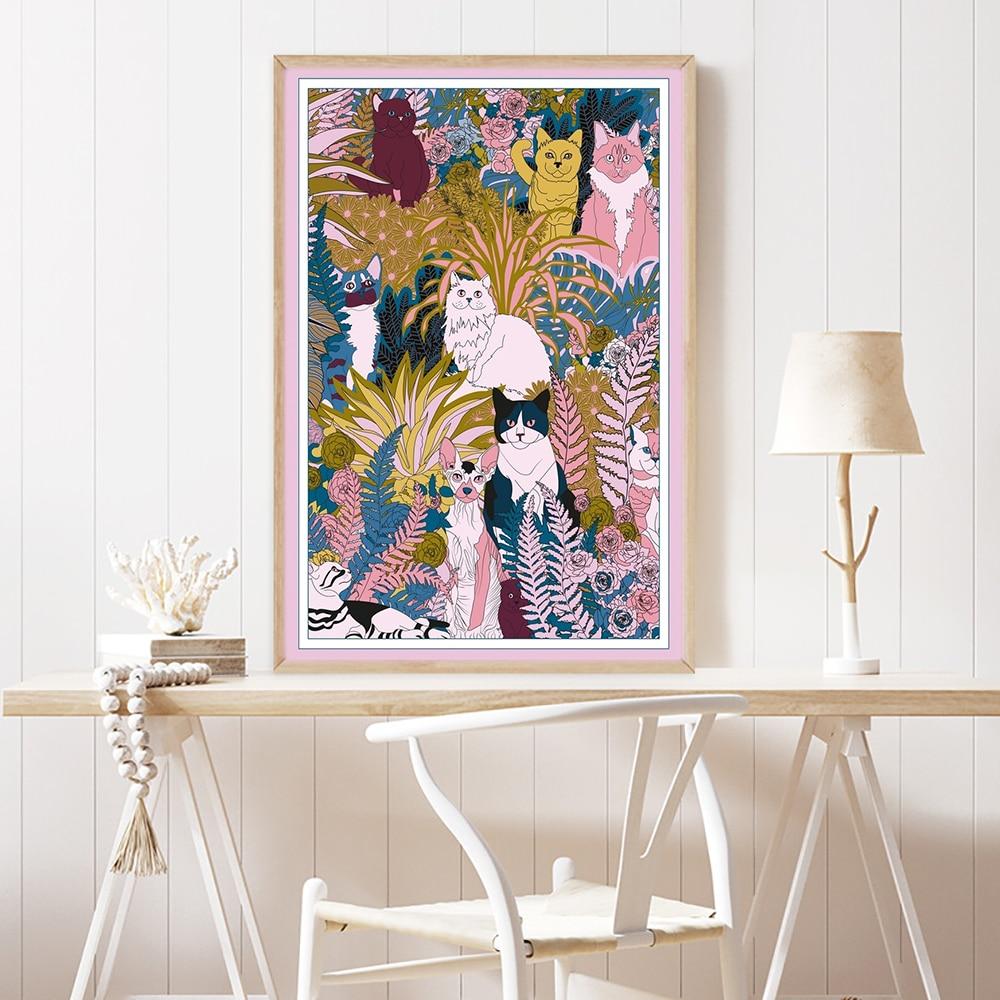 70s-inspired cats & flowers print canvas poster