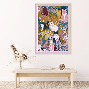 70s-inspired cats & flowers print canvas poster