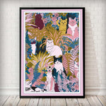 Load image into Gallery viewer, 70s-inspired cats &amp; flowers print canvas poster
