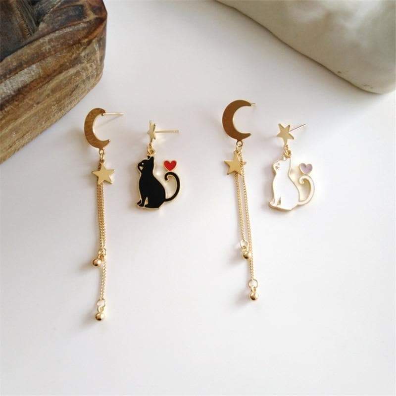 Asymmetric cat, stars and moon earrings