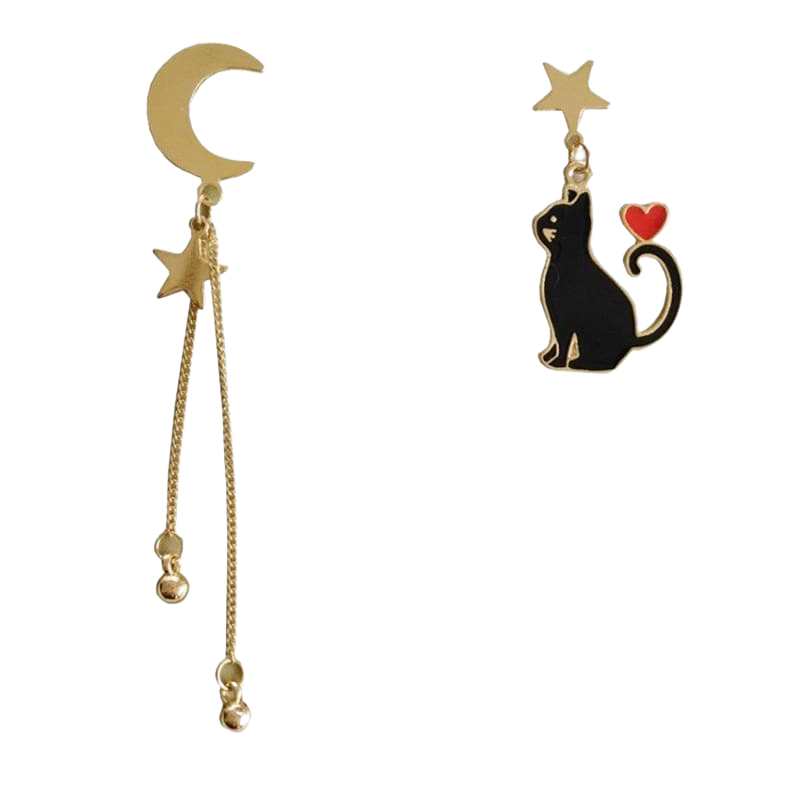 Asymmetric cat, stars and moon earrings - black cat