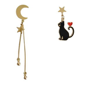 Asymmetric cat, stars and moon earrings - black cat