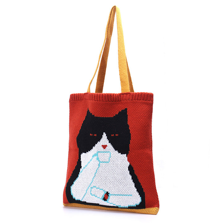 Cappuccino cat knitted tote bag