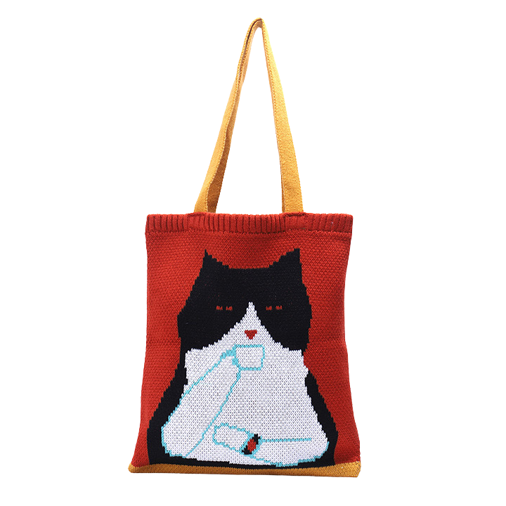 Cappuccino cat knitted tote bag