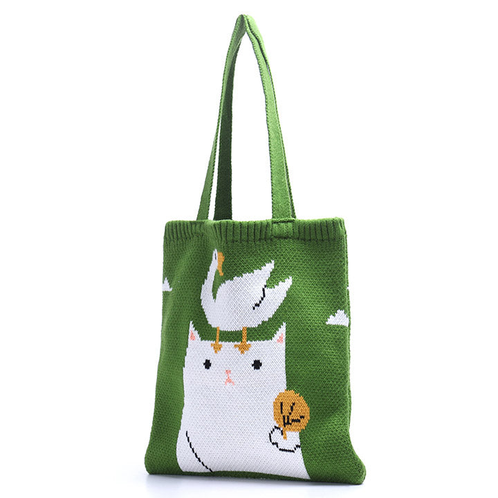 Cat & duck knitted tote bag