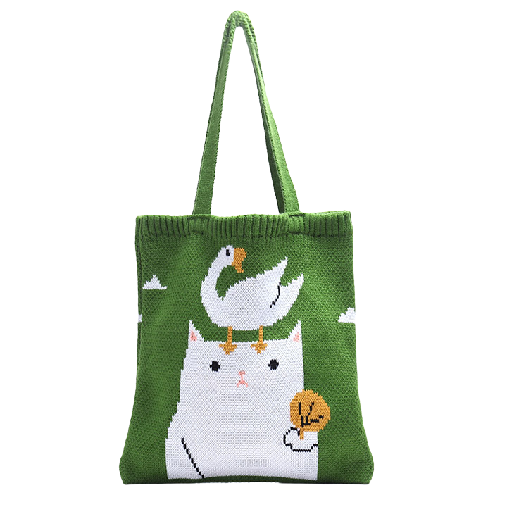 Cat & duck knitted tote bag