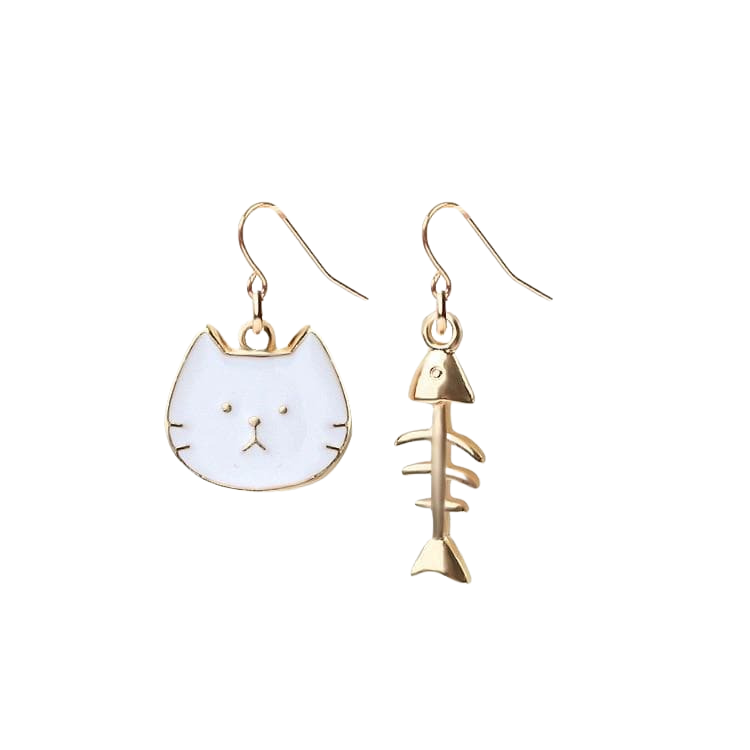 Cat & fishbone earring pair