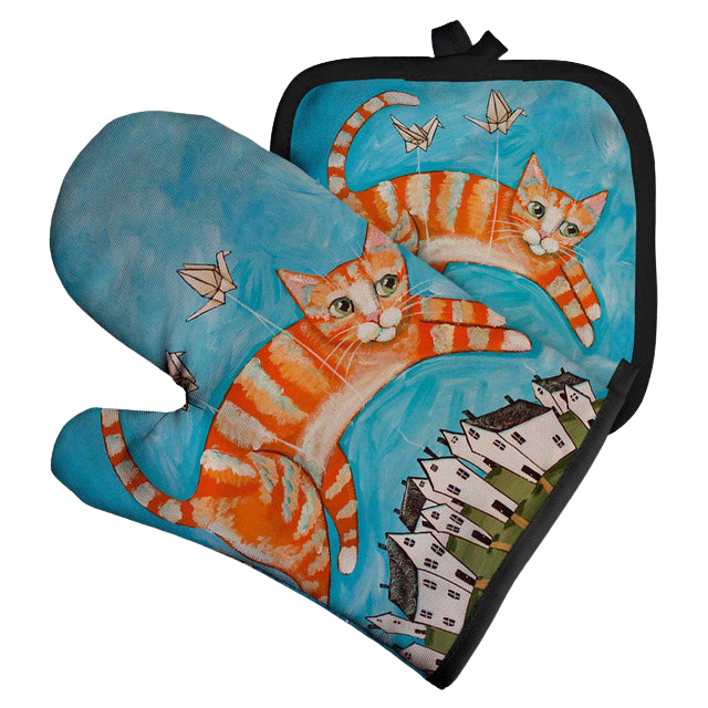 Cat artwork potholder & oven mitt set (2 pieces) - cat & crane