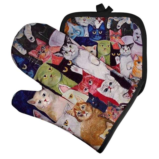 Cat artwork potholder & oven mitt set (2 pieces) - cat group 1