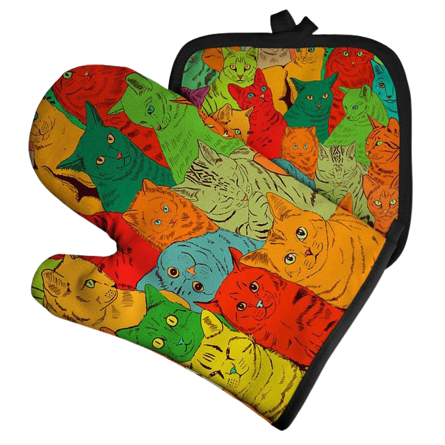 Cat artwork potholder & oven mitt set (2 pieces) - cat group 2