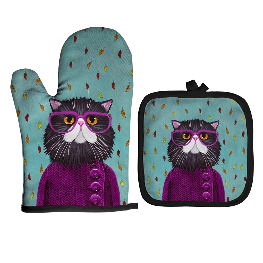 Cat artwork potholder & oven mitt set (2 pieces) - cat with purple glasses