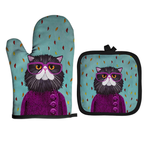 Cat artwork potholder & oven mitt set (2 pieces) - cat with purple glasses