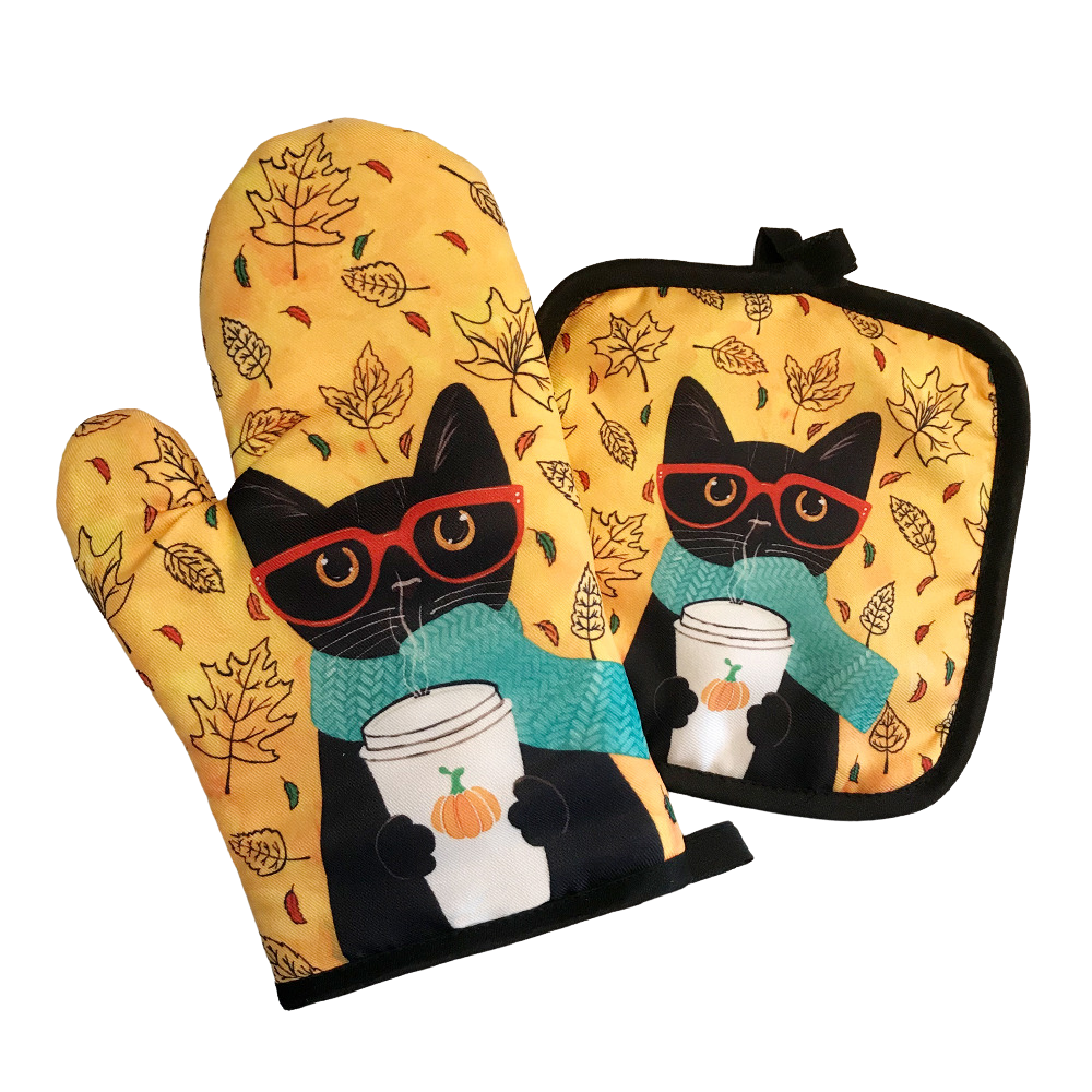 Cat artwork potholder & oven mitt set (2 pieces) - cat with red glasses