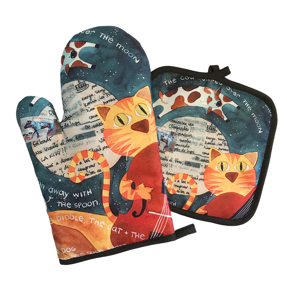 Cat artwork potholder & oven mitt set (2 pieces) - over the moon