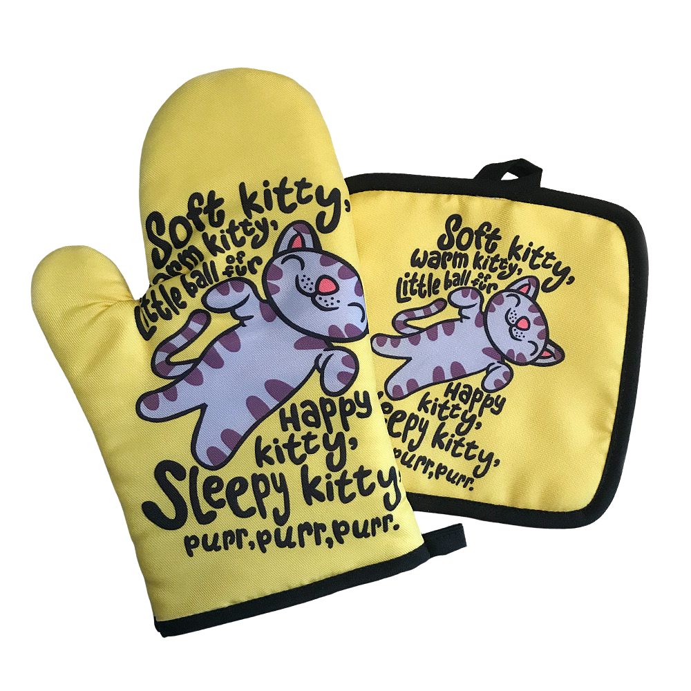 Cat artwork potholder & oven mitt set (2 pieces) - soft kitty