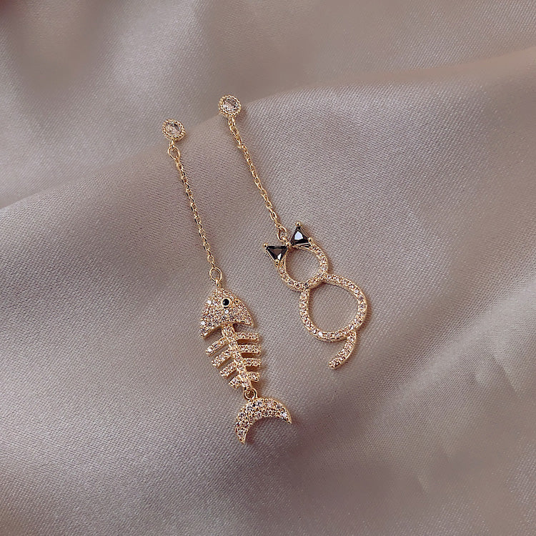 Cat & fishbone drop earring set