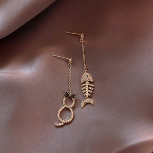 Cat & fishbone drop earring set