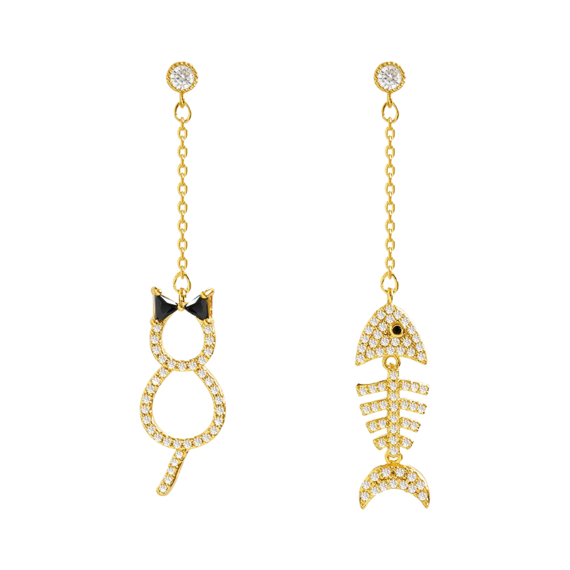 Cat & fishbone drop earring set