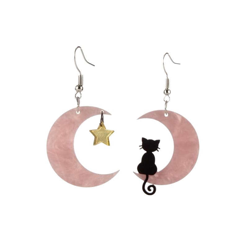 Cat on the moon earrings - pink