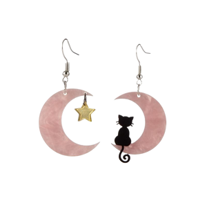 Cat on the moon earrings - pink