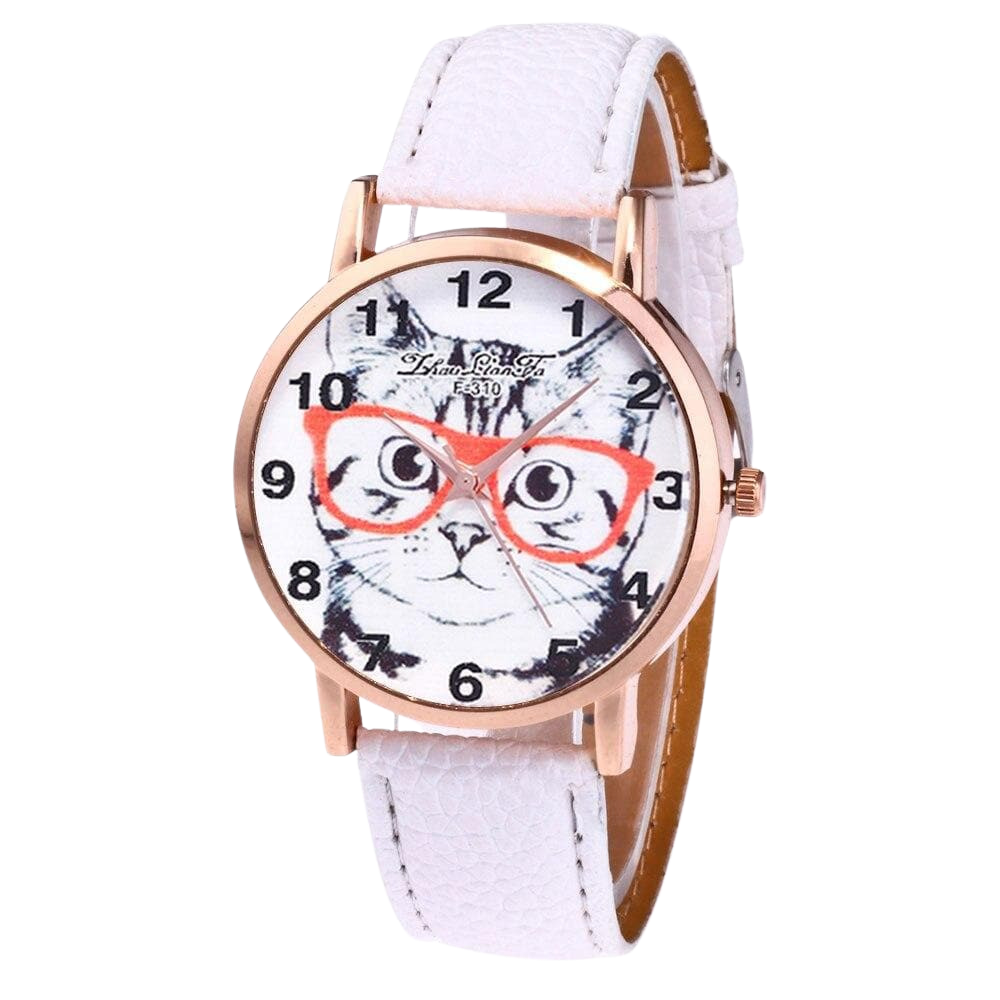 Cat wearing glasses watch - white