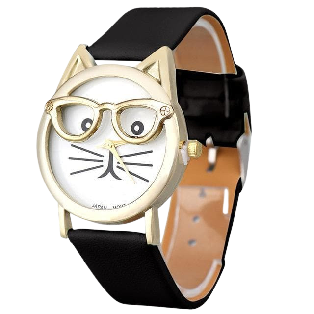 Cat with glasses watch - black