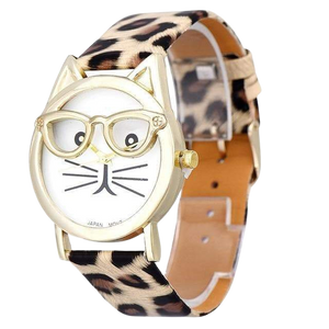 Cat with glasses watch - leopard print