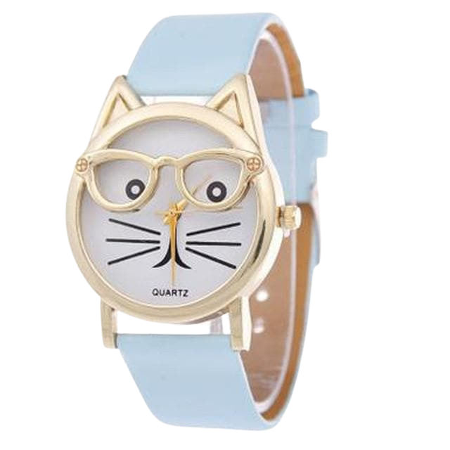 Cat with glasses watch - light blue