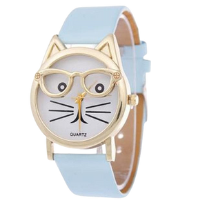 Cat with glasses watch - light blue