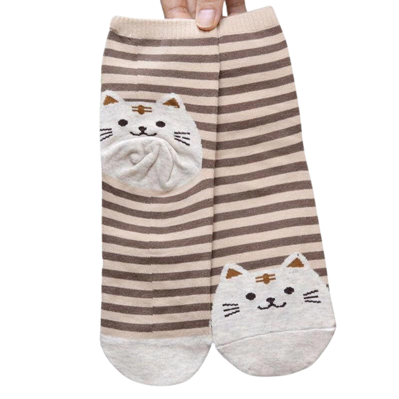 Cotton striped cat socks - brown