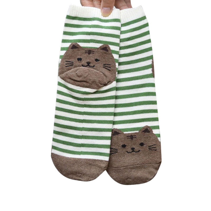 Cotton striped cat socks - green