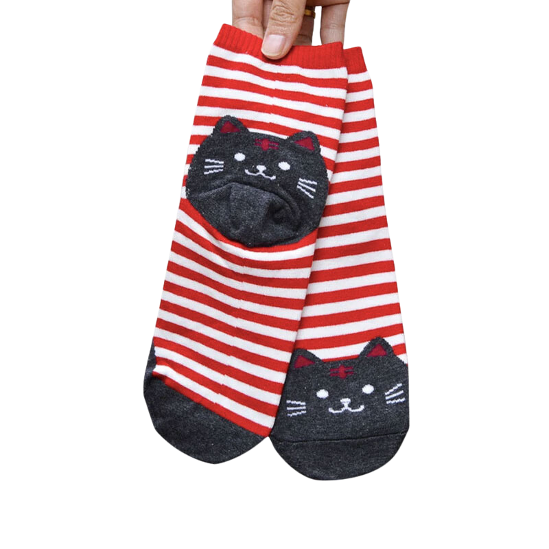 Cotton striped cat socks - red