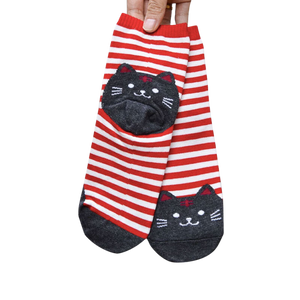 Cotton striped cat socks - red