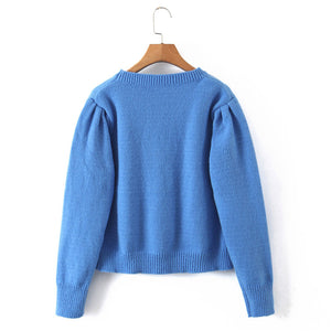 Kawaii cat blue knitted puff-sleeved sweater