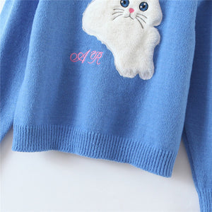 Kawaii cat blue knitted puff-sleeved sweater