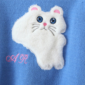 Kawaii cat blue knitted puff-sleeved sweater