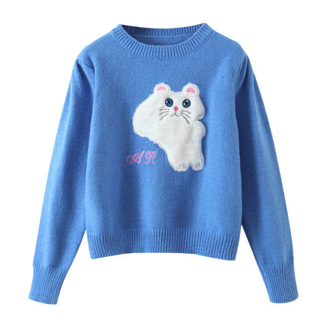 Kawaii cat blue knitted puff-sleeved sweater