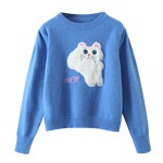 Load image into Gallery viewer, Kawaii cat blue knitted puff-sleeved sweater
