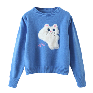 Kawaii cat blue knitted puff-sleeved sweater