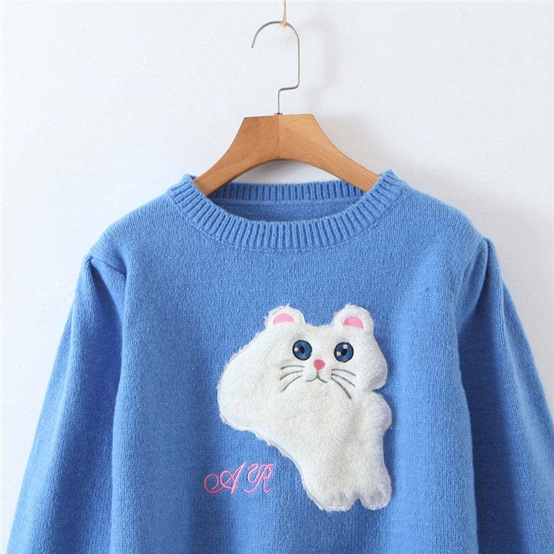 Kawaii cat blue knitted puff-sleeved sweater