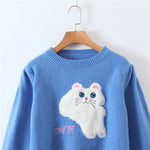 Load image into Gallery viewer, Kawaii cat blue knitted puff-sleeved sweater
