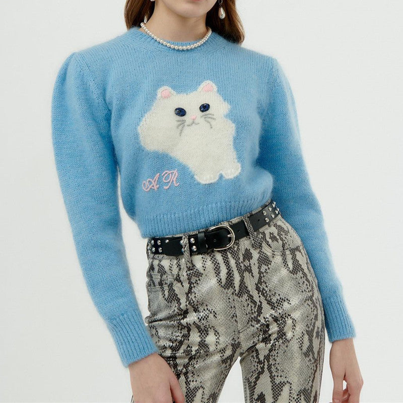 Kawaii cat blue knitted puff-sleeved sweater