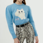 Load image into Gallery viewer, Kawaii cat blue knitted puff-sleeved sweater
