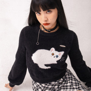 Kawaii cat lantern-sleeved sweater - black