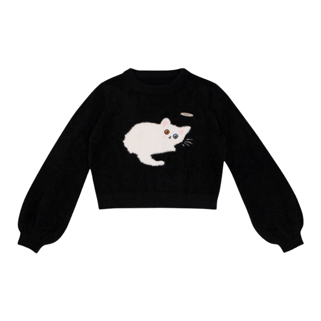 Kawaii cat lantern-sleeved sweater - black