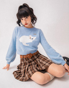 Kawaii cat lantern-sleeved sweater - blue